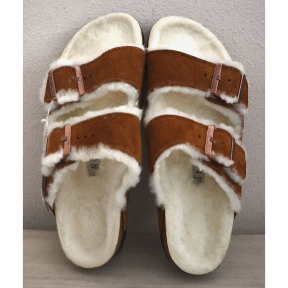 Birkenstock Women's 10 Men's 8 Mink Brown Arizona Shearling Suede Sandals - Picture 2 of 16